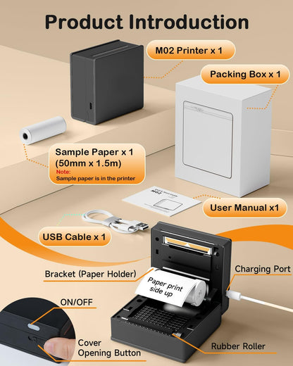 Thermal Mini Printer - M02 Sticker Printer Print Pod, Inkless Pocket Printer for Phone & Pad, Mini Sticker Maker Machine Mini Sticky for Study Notes,Memo,Journal,Birthday